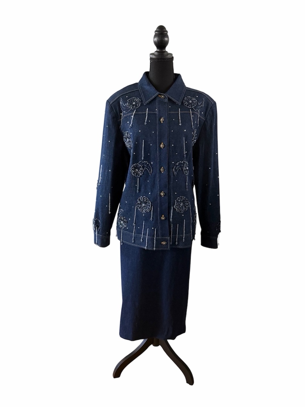 Susanna Blue Denim 3pc Skirt Suit with Sequin Appliqué, Rhinestones and Beads 16